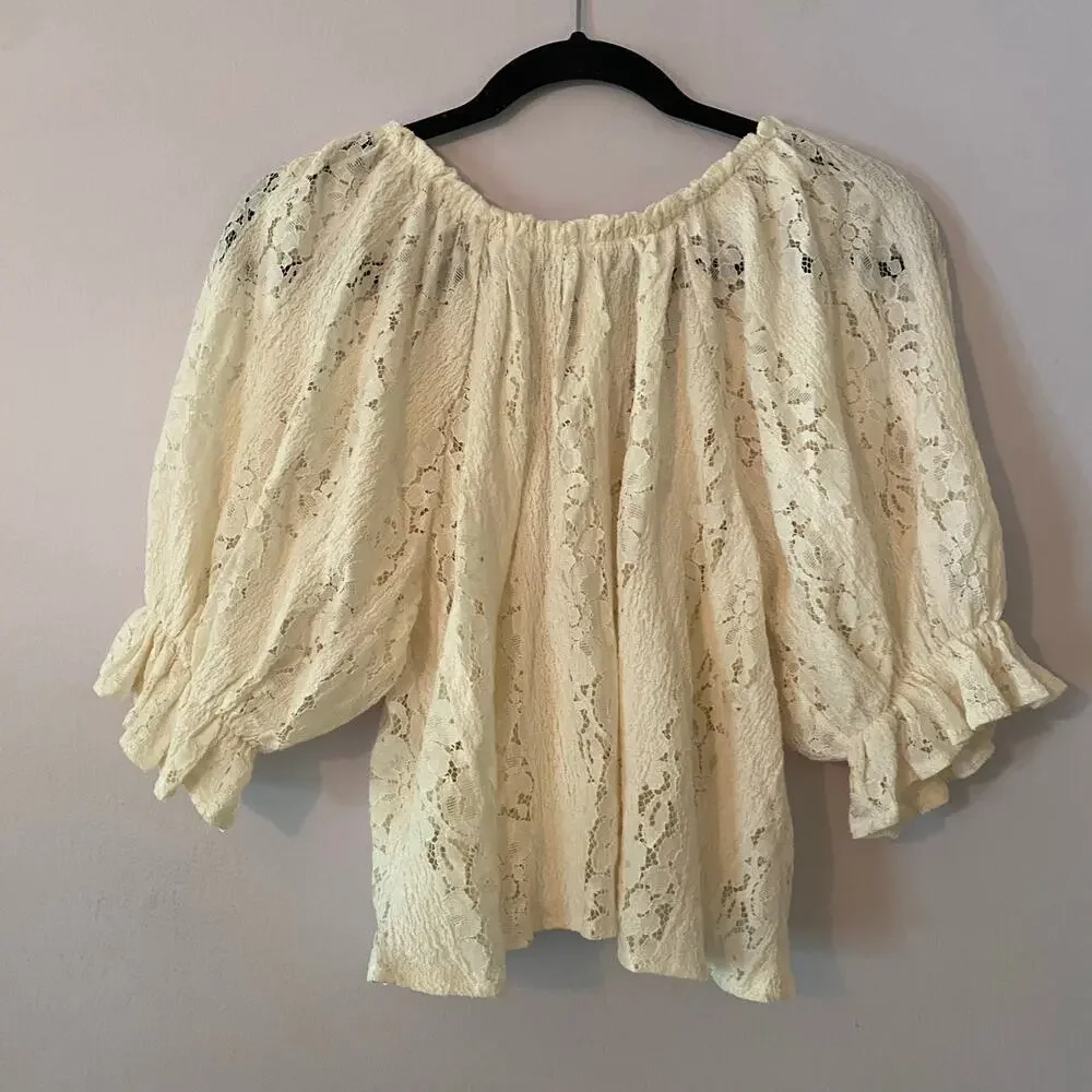 Free People Stacey White Lace Sheer Overshirt Boho Coquette Women's size Medium - Picture 6 of 9
